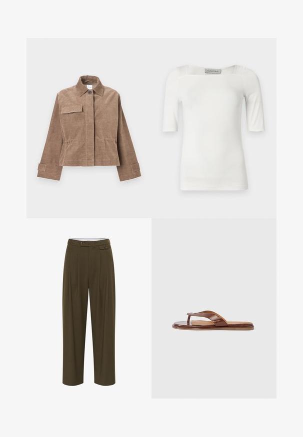 Braune Cordjacke mit einem kragenlosen Hals, vorderem Knopfverschluss und einer Brusttasche. Sie hat lange Ärmel mit Knopfärmeln und ein kurzes Design.; Weißes kurzärmeliges Oberteil mit quadratischem Ausschnitt aus einem glatten Stoff, mit dezenten Nahtdetails an Schultern und Seiten.; Olivgrüne, hoch taillierte Hose mit Falten, geradem Bein, zwei Vordertaschen und Knopfverschlüssen zum Schließen.; Braune Leder-Zehentrenner mit einem strukturierten Riemen und einer glatten Innensohle. Das Design ist minimalistisch und die Sohle flach, geeignet für den lässigen Gebrauch.