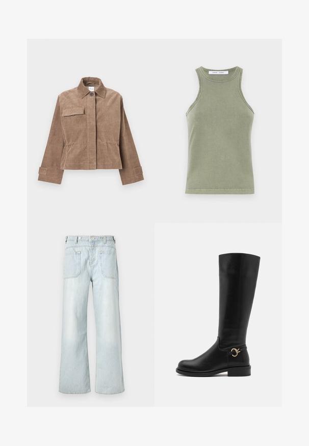 Braune Cordjacke mit einem kragenlosen Hals, vorderem Knopfverschluss und einer Brusttasche. Sie hat lange Ärmel mit Knopfärmeln und ein kurzes Design.; Olivgrünes Tanktop aus weicher Baumwolle, mit Rundhalsausschnitt, ärmellosem Design und genähten Kanten. Schlichte, taillierte Form.; Hellblaue, weit geschnittene Jeans aus Denim mit hoher Taille, zwei Gesäßtaschen und subtilen Verfärbungen, verziert mit gelben Nähten.; Anna Field Wide Fit Stiefel - black