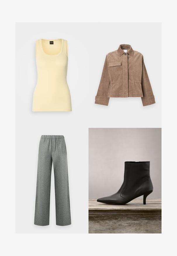 Chaqueta de pana marrón con cuello tipo solapa, cierre frontal de botones y un bolsillo en el pecho. Presenta mangas largas con puños de botón y un diseño cropped.; Camiseta sin mangas de color amarillo con un escote redondeado, que presenta un discreto logo embellecido en el centro. Confeccionada con un tejido ligero y elástico.; Pantalones de pierna ancha de raya diplomática gris con cintura elástica, bolsillos delanteros y corte recto.; Botín de cuero negro de punta afilada con un tacón kitten de altura media levitando sobre una superficie de madera contra un fondo de follaje verde.