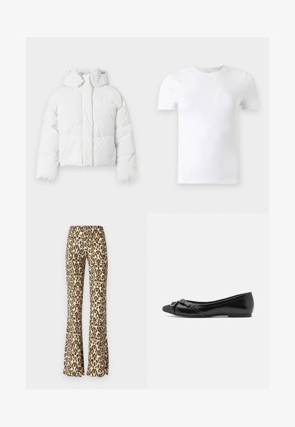 Doudoune blanche avec capuche, présentant un design matelassé, une fermeture frontale et une silhouette légèrement courte. Texture lisse et brillante.; T-shirt blanc uni à manches courtes et col rond présenté sur un fond gris clair.; Pantalons évasés en imprimé léopard dans des tons beiges et noirs, avec une texture lisse et une taille ajustée qui s'évase à partir du genou.; Ballerines en cuir verni noir avec un bout pointu, dotées de lanières croisées et d'un petit détail de boucle en argent à l'avant.