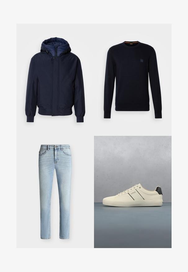 Marineblaue Kapuzenjacke mit Reißverschluss und Druckknopf, elastischen Bündchen und strukturierter Außenseite. Das Innere ist mit einem kontrastierenden blauen Stoff gefüttert.; Marineblauer Strickpullover mit langen Ärmeln, Rundhalsausschnitt, gerippten Bündchen und Saum, mit einem kleinen quadratischen Logo-Patch auf der Brust.; Hellblaue Slim-Fit-Jeans aus Denim mit vorne Knopf und Reißverschluss, Fünf-Taschen-Design und subtiler Verblassung vom Oberschenkel bis zum Knie.; Cremfarbene Sneaker mit glatter Oberfläche, die schwarze Akzente und Markenlogo aufweisen. Klassisches Schnürdesign mit runder Zehenform und Gummisohle.