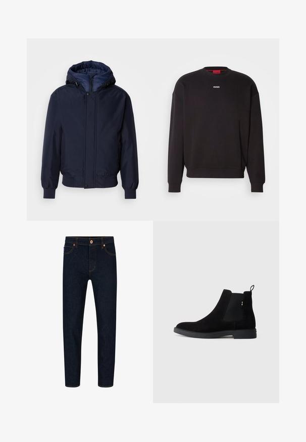 Marineblå hættetrøje med lynlås og trykknap, elastiske manchetter og en tekstureret yderside. Indersiden er foret med en kontrastfarvet blå stof.; Sort sweatshirt lavet af en blanding af bomuld, med rund hals, dropped skuldre og et lille hvidt "HUGO" logo på brystet.; Mørkeblå denimjeans med slim fit, kontrasterende orange syninger og klassisk knaplukning. Har forlommer og smalle ben.; Sorte suede Chelsea støvler med elastiske sidepaneler, rund tå og en lav gummisål. Har en pull tab bagpå for nem påtagning.