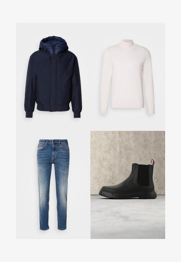 Marineblå hættetrøje med lynlås og trykknap, elastiske manchetter og en tekstureret yderside. Indersiden er foret med en kontrastfarvet blå stof.; Lyserød rullekravesweater med lange ærmer, blød tekstur, ribbet krave og manchetter, der har et klassisk, tætsiddende design.; Blå denimjeans med lige ben, let falmet finish, klassisk fem-lomme-design og lynlås med knaplukning.; Sort ankelstøvle med en glat overflade, elastiske sidepaneler og en kontrasterende rød træksløjfe, der har en tyk gummisål og rund tå.