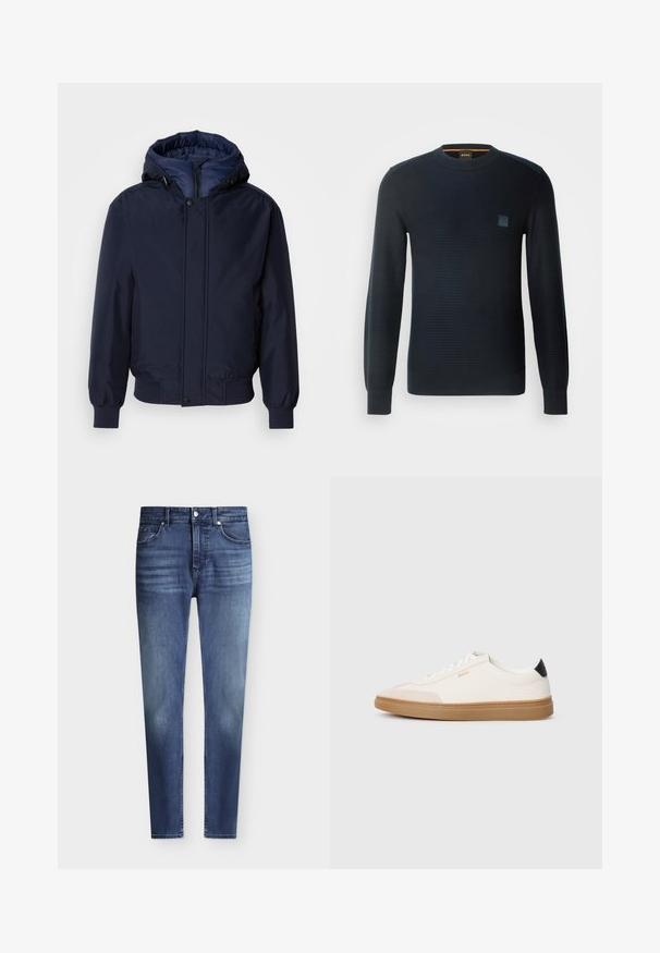 Navyblauwe capuchonjas met een ritssluiting en drukknoop, elastische manchetten en een gestructureerde buitenkant. Binnenin gevoerd met contrasterende blauwe stof.; Gebreide donkerblauwe trui met lange mouwen, ronde hals, textuurstof en een klein logo-opnäher op de borst.; Heren slim fit blauwe denim jeans met klassieke vijfzakkenstijl en lichte vervaging op dijen en knieën, knoop- en ritssluiting.; Witte sneakers met beige accenten, bovenwerk van glad leer, ronde neus en rubberen gumzool, met een zwarte hieltab en subtiele branding.