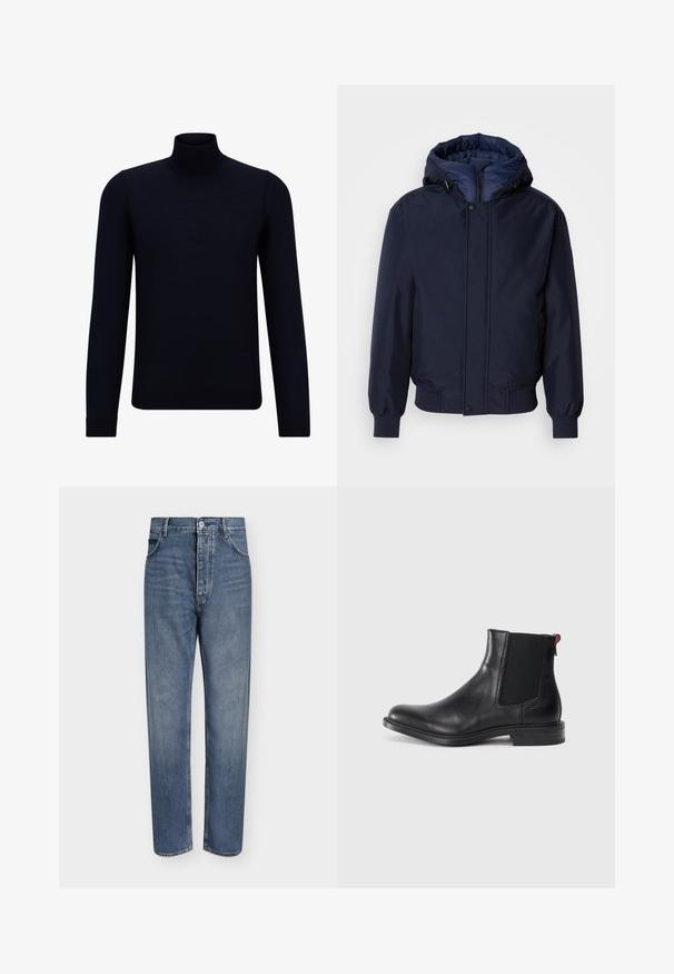 Marineblå hættetrøje med lynlås og trykknap, elastiske manchetter og en tekstureret yderside. Indersiden er foret med en kontrastfarvet blå stof.; Mørkeblå turtleneck sweater lavet af fint strikstof, med lange ærmer og en tætsiddende, høj halsudskæring. Ingen synlige mønstre eller detaljer.; Straight-leg blå denim jeans med høj talje, frontknaplukning og fem-lomme design på en ensartet lys baggrund.; Sort læder Chelsea-støvle med elastiske sidepaneler, afrundet tå og lav, stablet hæl. Har en rød løftestrop og subtil branding på siden.