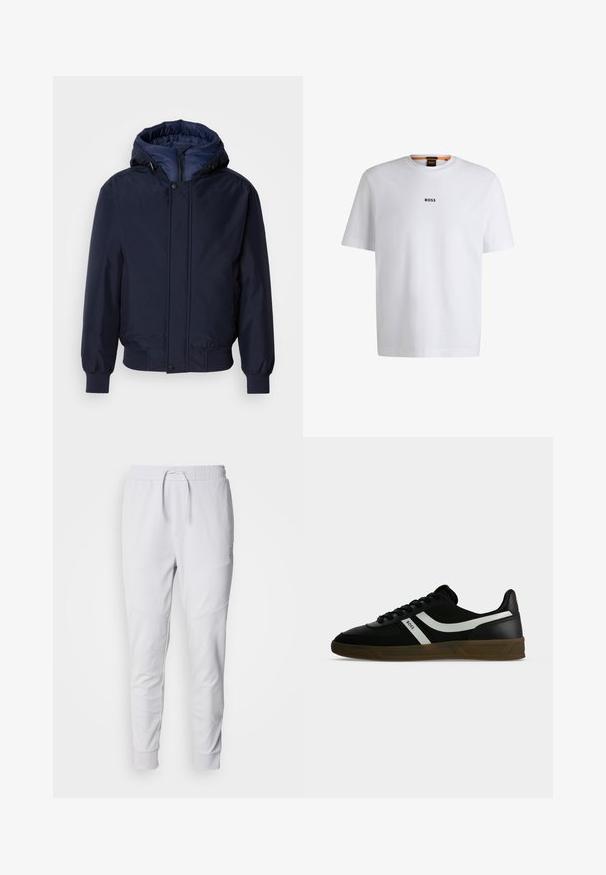 Marineblaue Kapuzenjacke mit Reißverschluss und Druckknopf, elastischen Bündchen und strukturierter Außenseite. Das Innere ist mit einem kontrastierenden blauen Stoff gefüttert.; Weißes Baumwoll-T-Shirt mit kurzen Ärmeln, ausgestattet mit einem schwarzen "BOSS"-Logo, das mittig auf der Brust platziert ist, und einem runden Halsausschnitt.; Weiße Jogginghosen aus weichem Stoff, mit einem elastischen Bund und Kordelzug, zwei Seitentaschen und gerippten Bündchen an den Knöcheln.; Schwarzer Sneaker mit niedrigem Schaft, brauner Sohle, weißen Seitenstreifen, schwarzen Schnürsenkeln und dem Text "BOSS" an der Seite, dargestellt aus dem Außenprofil.