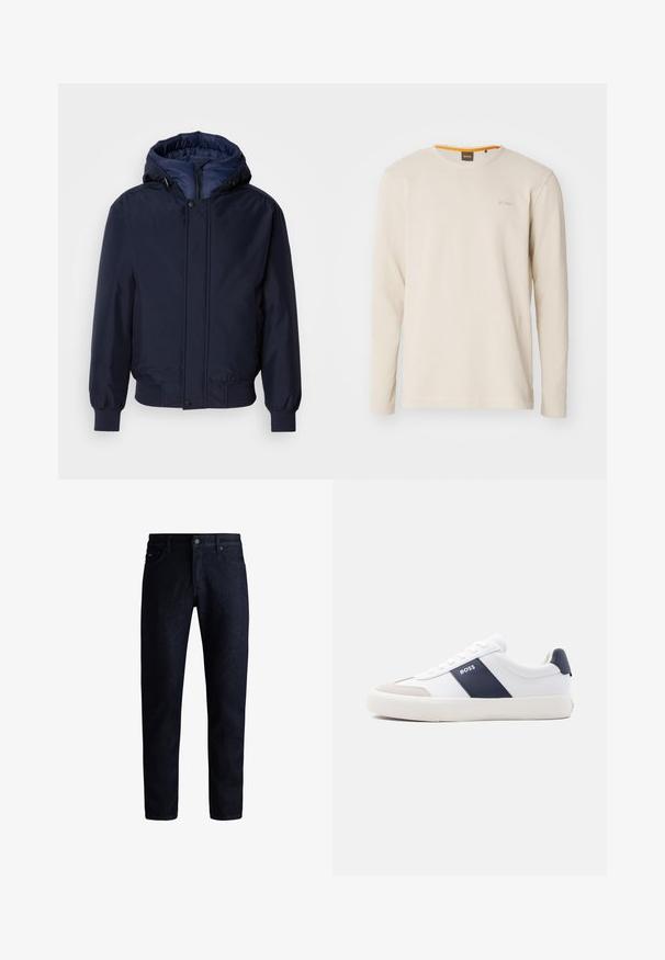 Navyblauwe capuchonjas met een ritssluiting en drukknoop, elastische manchetten en een gestructureerde buitenkant. Binnenin gevoerd met contrasterende blauwe stof.; Lichtbeige langemouwen t-shirt gemaakt van gestructureerde stof. Heeft een ronde hals en een klein logo op de borst met een oranje accent binnen de kraag.; Donkerblauwe denim jeans met een klassiek vijf-pocket ontwerp, rechte pijpen en een subtiele textuur. Metalen knoopsluiting bij de taille.; Witte lage sneaker met marineblauwe zijstreep, "BOSS"-logo, beige neuskap en witte zool, in profiel weergegeven tegen een lichte achtergrond.