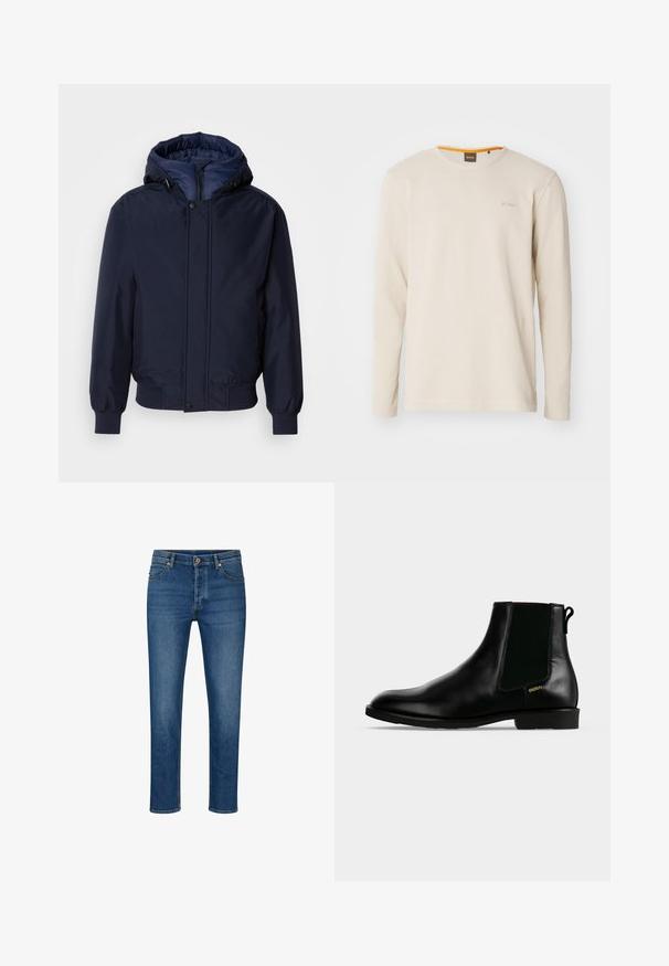 Marineblaue Kapuzenjacke mit Reißverschluss und Druckknopf, elastischen Bündchen und strukturierter Außenseite. Das Innere ist mit einem kontrastierenden blauen Stoff gefüttert.; Helles beige Langarm-T-Shirt aus strukturiertem Stoff. Mit Rundhalsausschnitt und einem kleinen Logo auf der Brust, das einen orangefarbenen Akzent im Kragen aufweist.; Blaue Denim-Jeans mit geradem Schnitt, ausgestattet mit fünf Taschen, Gürtelschlaufen und einem Knopfverschluss. Leichte Abnutzungsspuren und kontrastierende Nähte.; Schwarzer Lederknöchel-Stiefel mit elastischem Seiteneinsatz, niedrigem Absatz, Zuglasche hinten und kleinem goldenem "HUGO" Logo an der Außenseite.