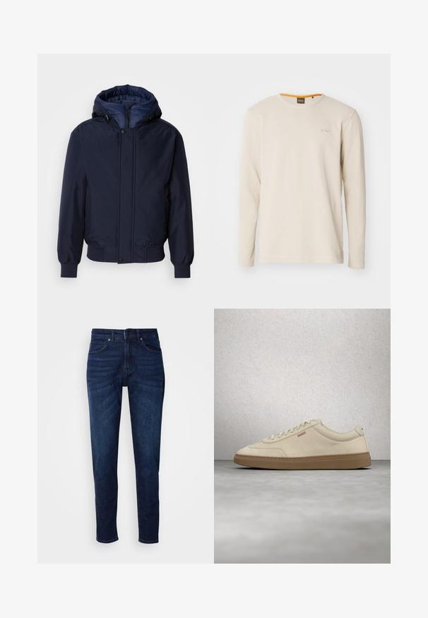 Marineblaue Kapuzenjacke mit Reißverschluss und Druckknopf, elastischen Bündchen und strukturierter Außenseite. Das Innere ist mit einem kontrastierenden blauen Stoff gefüttert.; Helles beige Langarm-T-Shirt aus strukturiertem Stoff. Mit Rundhalsausschnitt und einem kleinen Logo auf der Brust, das einen orangefarbenen Akzent im Kragen aufweist.; Dunkelblaue Jeans aus Denim mit geradem Bein, ausgestattet mit Taschen und einem Knopfverschluss an der Taille. Weiche Textur, minimale Ausbleichungen.; Hellbeiger Wildledersneaker mit Gummisohle, auffälligen Schnürsenkeln und dezenten Nahtdetails. Sauberes Design mit minimalistischem Ästhetik.