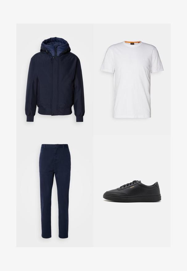 Chaqueta con capucha de color azul marino, con cierre de cremallera y botón a presión, puños elásticos y un exterior texturizado. Interior forrado en un tejido azul de contraste.; Camiseta de algodón blanca con cuello redondo, mangas cortas y un sutil logo en relieve en el pecho. La etiqueta interior tiene un acento naranja.; Chinos azul marino de tela ligera, con un diseño de pierna recta, cierre de botón y bolsillos laterales. Textura suave y sin estampados.; Zapatillas de cuero negro con una textura suave, punta redondeada, suela plana de goma y cordones a tono. Presentan el logotipo dorado "BOSS" en el lateral.