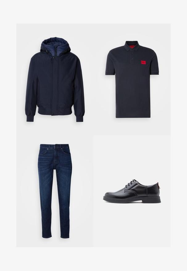 Marineblaue Kapuzenjacke mit Reißverschluss und Druckknopf, elastischen Bündchen und strukturierter Außenseite. Das Innere ist mit einem kontrastierenden blauen Stoff gefüttert.; Marineblaues Poloshirt aus Baumwolle, mit einer Knopfleiste mit drei Knöpfen, geripptem Kragen und Bündchen, sowie einem roten Logo-Patch auf der linken Brust.; Dunkelblaue Jeans aus Denim mit geradem Bein, ausgestattet mit Taschen und einem Knopfverschluss an der Taille. Weiche Textur, minimale Ausbleichungen.; Schwarze Leder-Schnürschuhe mit glatter Textur, rundem Zehenbereich und dezenten Ziernähten. Mit einem roten Laschenband an der Ferse.
