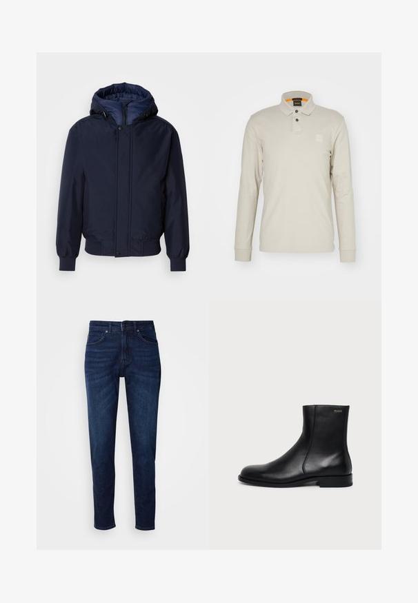 Marineblaue Kapuzenjacke mit Reißverschluss und Druckknopf, elastischen Bündchen und strukturierter Außenseite. Das Innere ist mit einem kontrastierenden blauen Stoff gefüttert.; Langarm-Polohemd aus hellbeigem Baumwollstoff. Verfügt über einen Kragen, zwei Knöpfe und ein kleines, geprägtes Logo auf der Brust. Oranger innerer Kragen.; Dunkelblaue Jeans aus Denim mit geradem Bein, ausgestattet mit Taschen und einem Knopfverschluss an der Taille. Weiche Textur, minimale Ausbleichungen.; Schwarzer Leder-Knöchelstiefel mit niedrigem Absatz, seitlicher Naht und kleinem "HUGO" Logo am oberen Schaft vor einfarbigem Hintergrund.