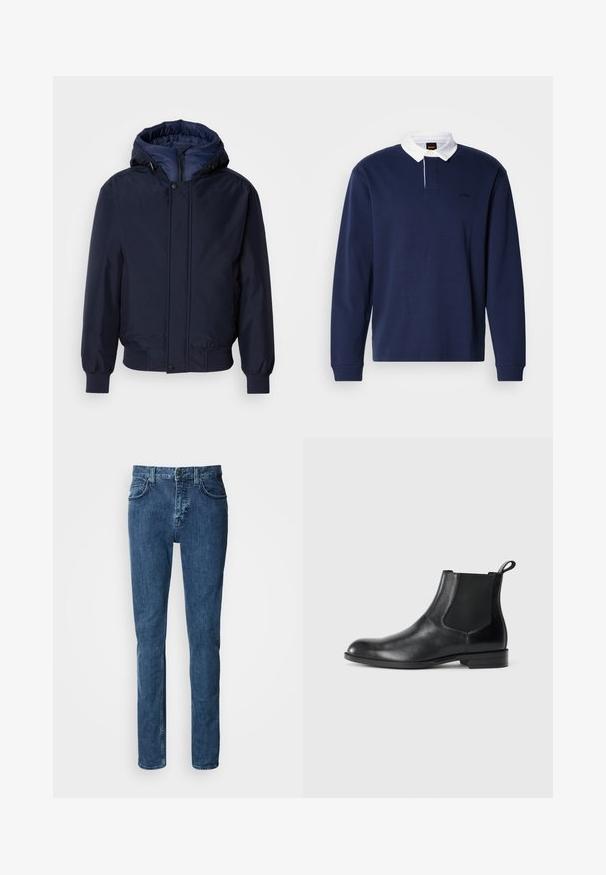 Chaqueta con capucha de color azul marino, con cierre de cremallera y botón a presión, puños elásticos y un exterior texturizado. Interior forrado en un tejido azul de contraste.; Polo azul marino de manga larga con cuello blanco, tapeta de botones y logo bordado. Material de algodón suave, ajuste relajado y puños acanalados.; Vaqueros de mezclilla azul oscuro con corte recto, que incluyen bolsillos frontales, una cremallera y detalles de costura sutil.; Botín negro de cuero hasta el tobillo con paneles elásticos a los lados, punta redondeada y lengüeta. Textura suave, suela plana, diseño minimalista.