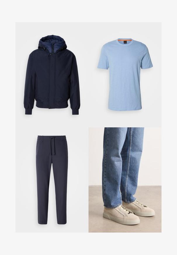 Veste à capuche bleu marine avec fermeture éclair et bouton pression, poignets élastiques et une texture extérieure. Intérieur doublé de tissu bleu contrastant.; T-shirt bleu clair à manches courtes en matériau doux. Présente un col rond et un logo discret embossé sur la poitrine.; Pantalons de jogging navy avec une taille élastique et un cordon de serrage. Fabriqués dans un matériau lisse, avec des jambes effilées et sans poches visibles.; BOSS GARYTENN_SDHDEL - Baskets basses - natural ten