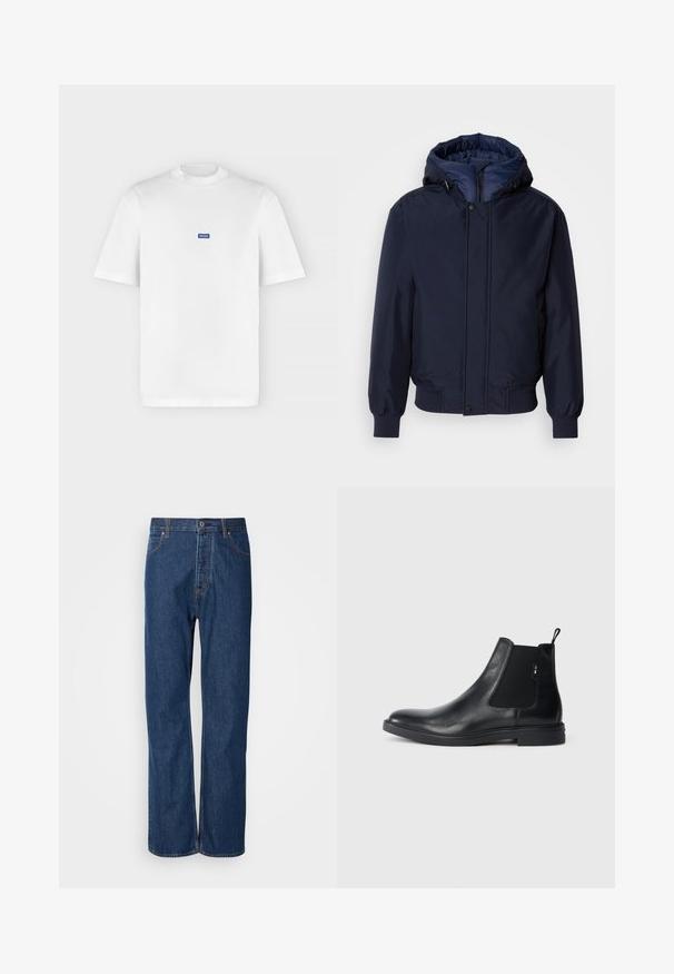 Marineblaue Kapuzenjacke mit Reißverschluss und Druckknopf, elastischen Bündchen und strukturierter Außenseite. Das Innere ist mit einem kontrastierenden blauen Stoff gefüttert.; Weißes T-Shirt mit kurzen Ärmeln und Rundhalsausschnitt mit einem kleinen blauen rechteckigen "HUGO" Logo, das auf der Brust zentriert ist.; Blaue Jeans aus Denim mit geradem Bein, ausgestattet mit einem Knopfverschluss, fünf Taschen und kontrastierenden Nähten entlang der Säume.; Schwarze Leder Chelsea-Boots mit elastischen seitlichen Einsätzen, einer Zugschlaufe und einer flachen Gummisohle. Glatte Textur mit minimaler Ausgestaltung.