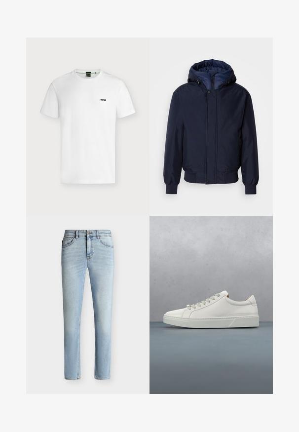Navyblauwe capuchonjas met een ritssluiting en drukknoop, elastische manchetten en een gestructureerde buitenkant. Binnenin gevoerd met contrasterende blauwe stof.; Effen wit T-shirt met korte mouwen en een klein zwart "BOSS"-logo op de linkerborst, getoond tegen een lichte achtergrond.; Lichtblauwe slim-fit spijkerbroek met knoop en rits aan de voorkant, vijf zakken ontwerp en subtiele vervaging van dij tot knie.; Witte leren sneaker met een ronde neus, minimalistisch ontwerp, grijze veters en een gestructureerde grijze rubberen zool. Fijne stikdetails zichtbaar.