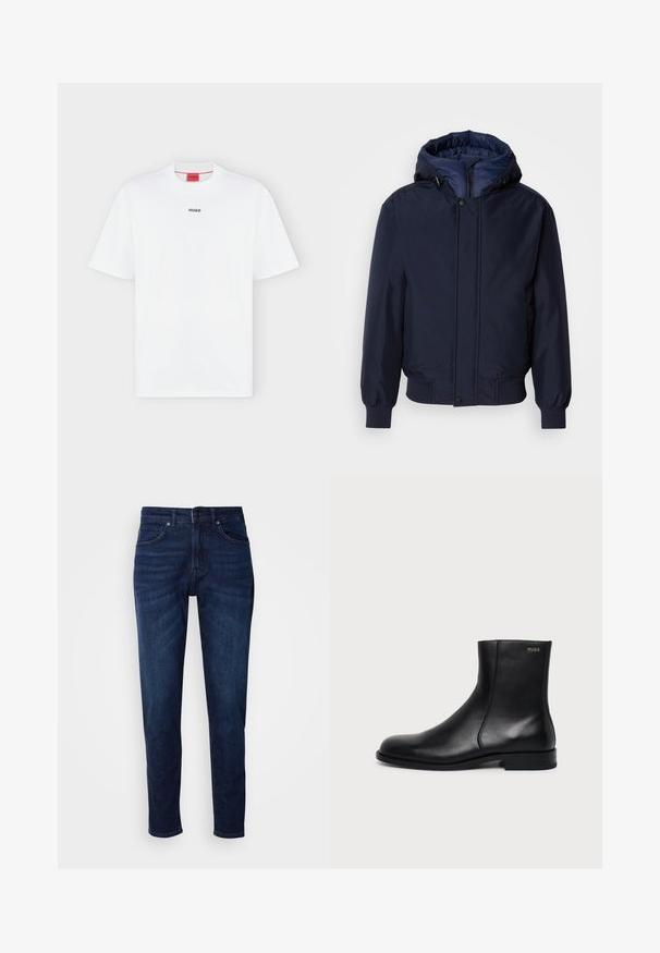 Marineblaue Kapuzenjacke mit Reißverschluss und Druckknopf, elastischen Bündchen und strukturierter Außenseite. Das Innere ist mit einem kontrastierenden blauen Stoff gefüttert.; Weißes T-Shirt mit kurzen Ärmeln und kleinem schwarzem "HUGO" Logo mittig auf der Brust und einem roten Etikett innen im Kragen.; Dunkelblaue Jeans aus Denim mit geradem Bein, ausgestattet mit Taschen und einem Knopfverschluss an der Taille. Weiche Textur, minimale Ausbleichungen.; Schwarzer Leder-Knöchelstiefel mit niedrigem Absatz, seitlicher Naht und kleinem "HUGO" Logo am oberen Schaft vor einfarbigem Hintergrund.