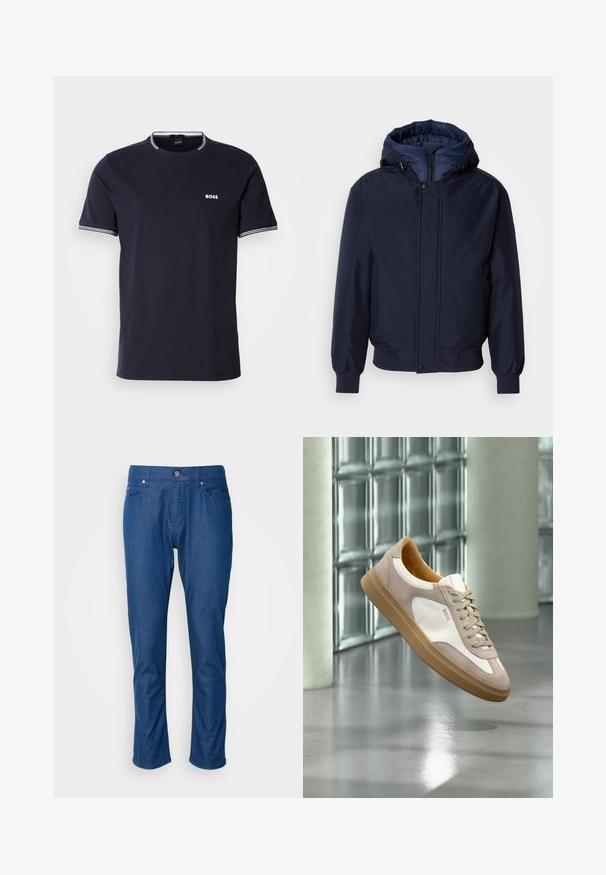 Chaqueta con capucha de color azul marino, con cierre de cremallera y botón a presión, puños elásticos y un exterior texturizado. Interior forrado en un tejido azul de contraste.; Camiseta de algodón azul marino con cuello redondo, que presenta acentos de rayas blancas en el cuello y las mangas, y un pequeño logo blanco en el pecho.; Pantalones de mezclilla azul con diseño de pierna recta, bolsillos frontales y cierre de botón simple. Textura suave con un mínimo de detalles.; Zapatilla beige y blanca con suela marrón claro y logo "BOSS", suspendida sobre un suelo liso y reflectante con pared de bloques de vidrio al fondo.