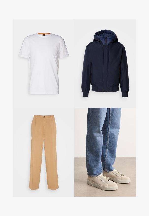 Navyblauwe capuchonjas met een ritssluiting en drukknoop, elastische manchetten en een gestructureerde buitenkant. Binnenin gevoerd met contrasterende blauwe stof.; Witte katoenen T-shirt met ronde hals, korte mouwen en een subtiel reliëflogo op de borst. Het binnenlabel heeft een oranje accent.; Beige wijde broek van zacht materiaal, voorzien van twee voorzakken, een knoopsluiting en plooidetails langs de benen.; BOSS GARYTENN_SDHDEL - Sneakers laag - natural ten