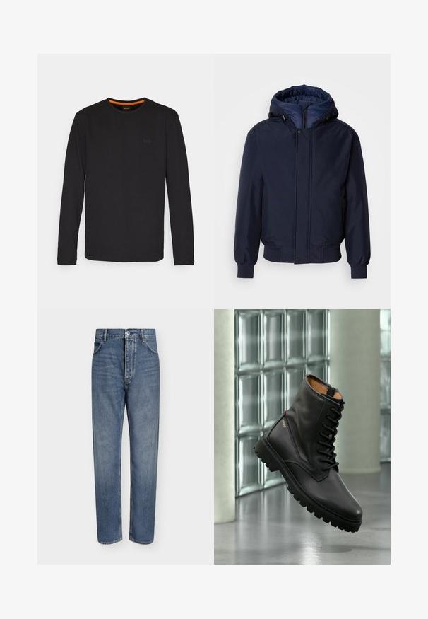 Navyblauwe capuchonjas met een ritssluiting en drukknoop, elastische manchetten en een gestructureerde buitenkant. Binnenin gevoerd met contrasterende blauwe stof.; Zwarte langslijf T-shirt van gladde stof, met een ronde halslijn en een klein reliëflogo op de borst met een oranje accent binnenin de kraag.; Blauwe denim jeans met rechte pijpen, hoge taille, knoopsluiting aan de voorkant en vijfzakkenontwerp op een effen lichte achtergrond.; Zwarte leren vetercombatlaars met dikke zool, gouden "HUGO"-logo aan de zijkant, getoond in een moderne binnenomgeving met glazen blok muur op de achtergrond.