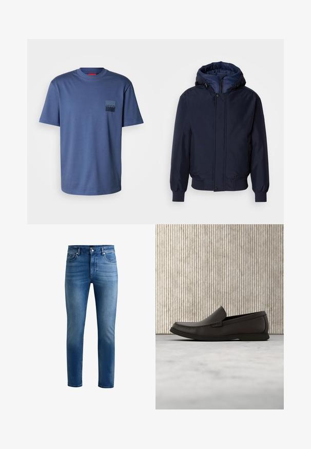 Chaqueta con capucha de color azul marino, con cierre de cremallera y botón a presión, puños elásticos y un exterior texturizado. Interior forrado en un tejido azul de contraste.; Camiseta de manga corta azul, hecha de suave algodón, con un bolsillo cuadrado que lleva un logo azul oscuro. Diseño clásico de cuello redondo.; Vaqueros de mezclilla azul con ajuste slim, que cuentan con cinco bolsillos, cierre de cremallera y un sutil desvanecimiento en la parte delantera. Textura suave y piernas rectas.; Mocasines de cuero marrón oscuro con punta redondeada, detalles de costura sutil y suela de goma baja. Textura suave con un ajuste flexible.