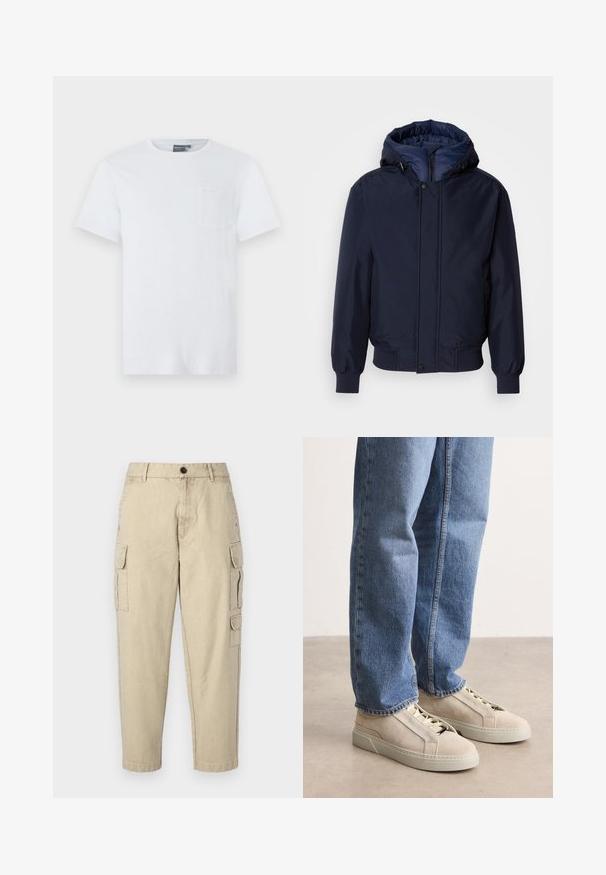Marineblaue Kapuzenjacke mit Reißverschluss und Druckknopf, elastischen Bündchen und strukturierter Außenseite. Das Innere ist mit einem kontrastierenden blauen Stoff gefüttert.; Weißes Baumwoll-T-Shirt mit kurzen Ärmeln, Rundhalsausschnitt und einer kleinen Brusttasche. Weicher Stoff und minimalistisches Design.; Beige Cargo-Hosen aus weichem Stoff, mit seitlichen Taschen, einem Knopfverschluss und einer schmal zulaufenden Beinform.; BOSS GARYTENN_SDHDEL - Sneaker low - natural ten