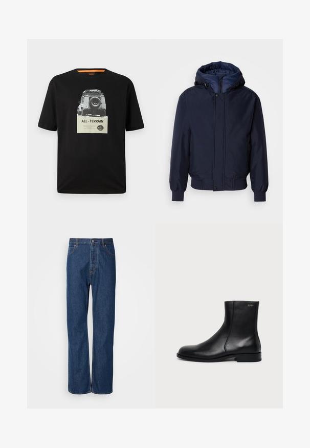 Chaqueta con capucha de color azul marino, con cierre de cremallera y botón a presión, puños elásticos y un exterior texturizado. Interior forrado en un tejido azul de contraste.; Camiseta de algodón negra con cuello redondo, que presenta una impresión gráfica de un vehículo clásico y el texto "TODOTERRENO" en el pecho.; Jeans de denim azul con un diseño de pierna recta, que cuentan con una bragueta de botones, cinco bolsillos y costuras de contraste a lo largo de las costuras.; Botín negro de cuero con tacón bajo, costura lateral y pequeño logo "HUGO" en el puño superior sobre un fondo liso.
