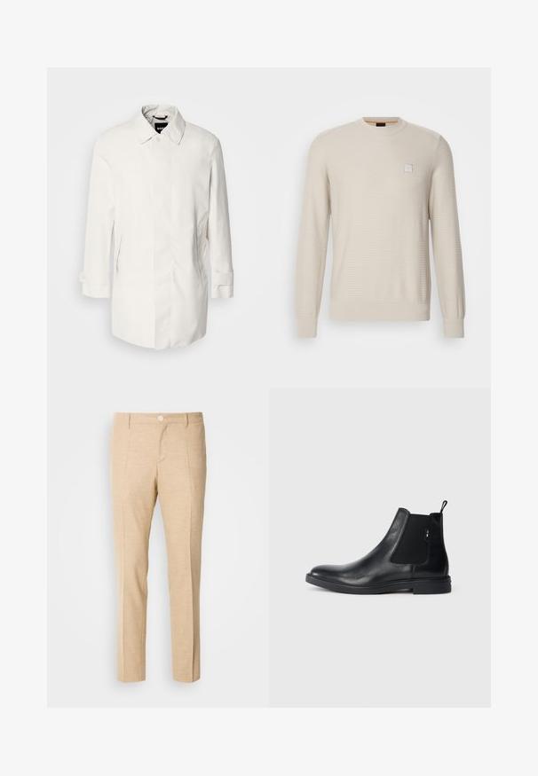 Hvid, mellemlang frakke med knaplukning, spidse kraver og to sidelommer. Fremstillet af glat, let materiale med opretstående manchetter.; Lys beige sweater lavet af struktureret stof. Har en rund hals, lange ærmer og et lille firkantet logo på brystet.; Beige skræddersyede bukser med en struktureret stof, lige ben-design, frontklapper og en enkelt knaplukning i taljen.; Sorte læder Chelsea støvler med elastiske sidepaneler, en pull-tab og en flad gummisål. Glat tekstur med minimal detaljer.