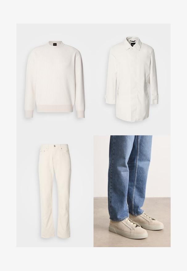 Hvid, mellemlang frakke med knaplukning, spidse kraver og to sidelommer. Fremstillet af glat, let materiale med opretstående manchetter.; Hvid ribbet sweater med rund halsudskæring og lange ærmer. Har et tekstureret stof med en blød finish og subtile vandrette linjer.; Beige bomuldsjeans med et klassisk lige ben-design, der har en forreste knaplukning, fem lommer og diskrete syninger.; BOSS GARYTENN_SDHDEL - Sneakers - natural ten