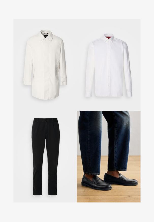 Manteau blanc de mi-longueur avec une fermeture à boutons, un col pointu et deux poches latérales. Fait d'un matériau lisse et léger avec des manches retroussées.; Chemise blanche à manches longues en coton, avec un col classique, une patte de boutonnage à l'avant et une texture lisse. Détail rouge à l'intérieur du col.; Pantalons noirs en coton, présentant une coupe droite, des poches avant, une fermeture à bouton et une texture lisse et mate.; Mocassins en cuir noir avec des coutures et des accents texturés, portés avec un jean foncé, mettant en avant un design décontracté et épuré.