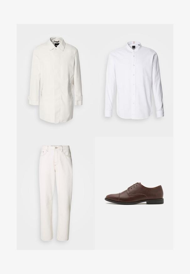 Manteau blanc de mi-longueur avec une fermeture à boutons, un col pointu et deux poches latérales. Fait d'un matériau lisse et léger avec des manches retroussées.; Chemise blanche à manches longues avec col bande, boutonnière à l'avant et ourlet arrondi. Fabriquée en coton, elle présente une texture lisse et un léger éclat.; Jean en denim blanc avec une coupe droite, présentant des coutures piquées, un bouton en métal et une construction classique à cinq poches.; Chaussure habillée en cuir marron à lacets avec un bout arrondi élégant, des détails de couture subtils et un petit talon en caoutchouc noir.