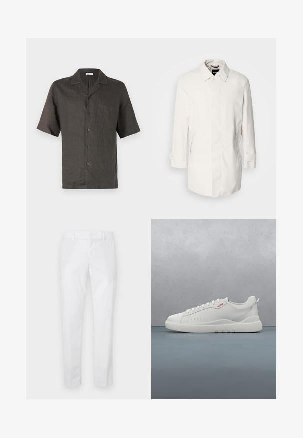 Abrigo blanco de longitud media con cierre de botón, cuello tipo punta y dos bolsillos laterales. Hecho de un material suave y ligero con puños enrollados.; Camisa de manga corta, con cuello, en lino gris oscuro, que presenta un bolsillo en el pecho y cierre de botones al frente. Textura suave, corte relajado.; Pantalones blancos de corte ajustado con trabillas para cinturón y bolsillos laterales, mostrados extendidos sobre un fondo claro.; Zapatilla blanca con un acabado de cuero liso, punta redonda, cuatro ojales, perforaciones sutiles y un detalle de logo rojo en el lateral.