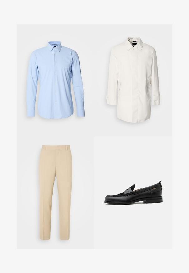 Abrigo blanco de longitud media con cierre de botón, cuello tipo punta y dos bolsillos laterales. Hecho de un material suave y ligero con puños enrollados.; Camisa de manga larga azul claro hecha de una mezcla de algodón, con un frente abotonado, puños simples y un diseño de cuello clásico.; Pantalones de color beige ajustados con un diseño de pierna recta, elaborados en una tela ligera, que presentan dos bolsillos frontales y pliegues bien planchados.; Mocasín de cuero negro con detalle de tira gris, tacón bajo y suela texturizada, con la marca "HUGO" en oro en el lateral.