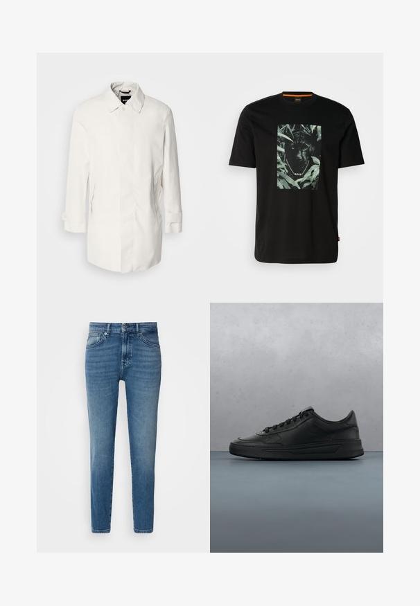 Witte, middellange jas met een knoopsluiting, puntkraag en twee zijzakken. Gemaakt van soepele, lichtgewicht stof met opgerolde manchetten.; Zwarte katoenen t-shirt met een centraal grafisch ontwerp van een panter omringd door bladeren, met een kettingkraag en de tekst "BOSS". Korte mouwen.; Lichtblauwe denim jeans met een rechte pasvorm, traditionele vijf-pocket stijl, metalen knoopsluiting en subtiele vervaging aan de voorkant.; Zwarte sneaker met een glad leren bovenwerk, ronde neus, platte veters, gewatteerde kraag en minimalistisch design. Rubberen zool met een subtiel profiel.