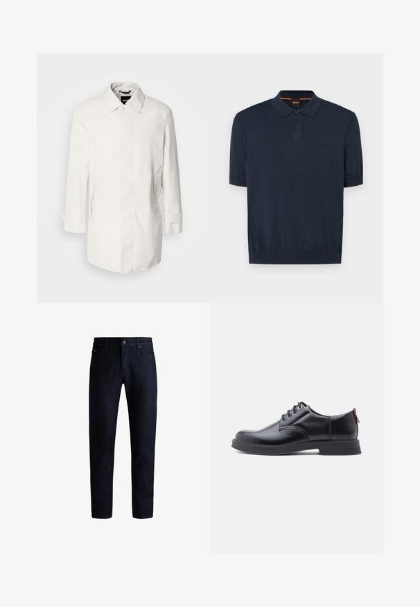 Witte, middellange jas met een knoopsluiting, puntkraag en twee zijzakken. Gemaakt van soepele, lichtgewicht stof met opgerolde manchetten.; Navyblauwe poloshirt met korte mouwen, gemaakt van een katoenen mix. Heeft een twee-knopen sluiting en een geborduurd logo op de borst.; Donkerblauwe denim jeans met een klassiek vijf-pocket ontwerp, rechte pijpen en een subtiele textuur. Metalen knoopsluiting bij de taille.; Zwarte leren veter schoenen met een gladde textuur, ronde neus en subtiel stiksel detail. Voorzien van een rode trekband op de hiel.