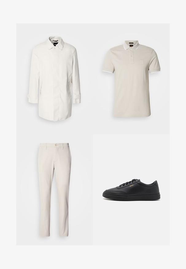 Abrigo blanco de longitud media con cierre de botón, cuello tipo punta y dos bolsillos laterales. Hecho de un material suave y ligero con puños enrollados.; Polo beige de algodón, con cuello blanco, mangas cortas y un parche con logo texturizado en el pecho.; Pantalones beige de corte ajustado, con cierre de botón en la parte delantera, diseño de frente plano y corte recto, confeccionados en una suave mezcla de algodón.; Zapatillas de cuero negro con una textura suave, punta redondeada, suela plana de goma y cordones a tono. Presentan el logotipo dorado "BOSS" en el lateral.