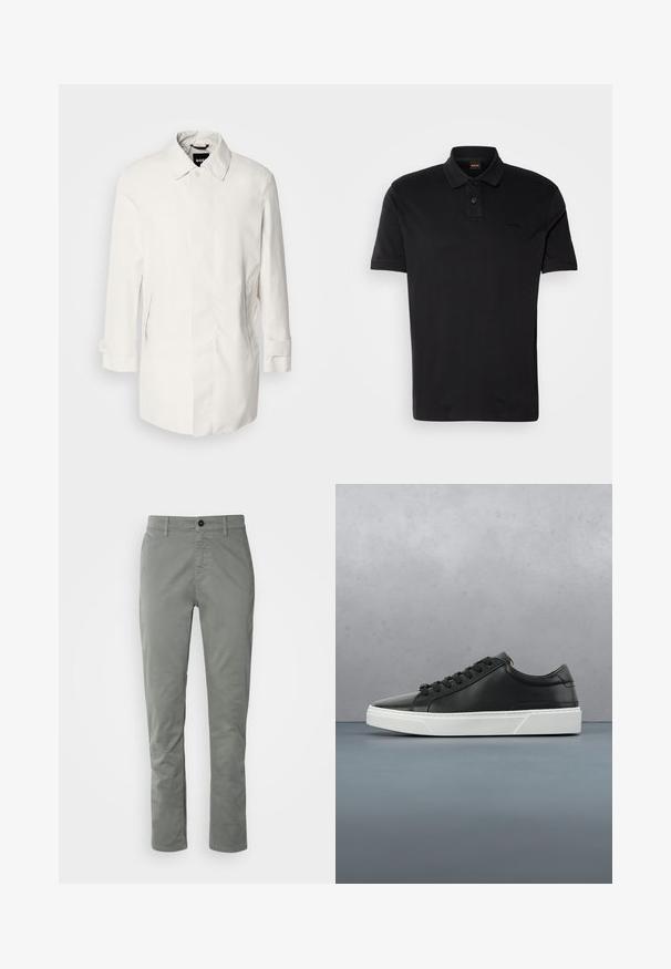 Manteau blanc de mi-longueur avec une fermeture à boutons, un col pointu et deux poches latérales. Fait d'un matériau lisse et léger avec des manches retroussées.; T-shirt polo noir en coton, avec un col classique, deux boutons et un logo brodé sur la poitrine. Manches courtes.; BOSS CHINO TAPERED - Chino - open grey; Baskets en cuir noir avec un bout rond, surface texturée, semelle en caoutchouc blanc et lacets noirs. Design minimaliste avec un profil épuré.