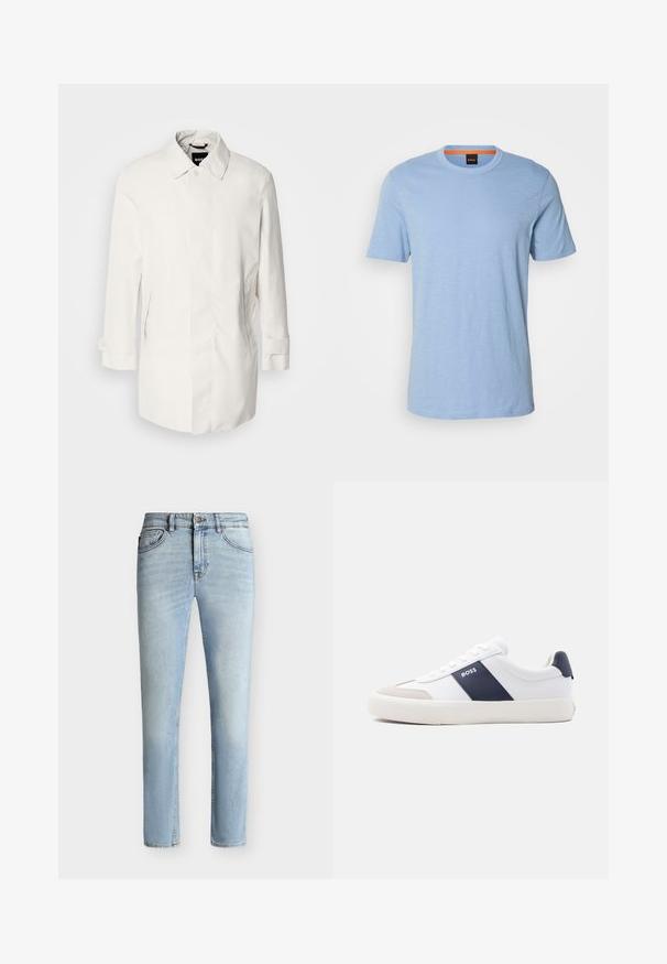 Abrigo blanco de longitud media con cierre de botón, cuello tipo punta y dos bolsillos laterales. Hecho de un material suave y ligero con puños enrollados.; Camiseta de manga corta azul claro hecha de material suave. Presenta un cuello redondo y un sutil logo en relieve en el pecho.; Vaqueros ajustados de denim azul claro con botón y cremallera delanteros, diseño de cinco bolsillos y sutil desgaste desde el muslo hasta la rodilla.; Zapatilla blanca de corte bajo con raya lateral azul marino, logo "BOSS", puntera beige y suela blanca, mostrada de perfil sobre un fondo claro.