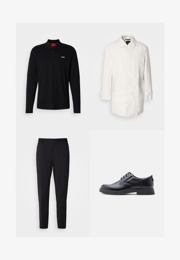 Witte, middellange jas met een knoopsluiting, puntkraag en twee zijzakken. Gemaakt van soepele, lichtgewicht stof met opgerolde manchetten.; Zwarte lange mouwen polo shirt van katoen, met een rode kraag en een drieknoopsluiting, voorzien van een wit "HUGO" logo op de borst.; Zwarte broek van een gestructureerde stof, met een rechte snit, standaard tailleband met een knoop, en zijzakken.; Zwarte leren veter schoenen met een gladde textuur, ronde neus en subtiel stiksel detail. Voorzien van een rode trekband op de hiel.