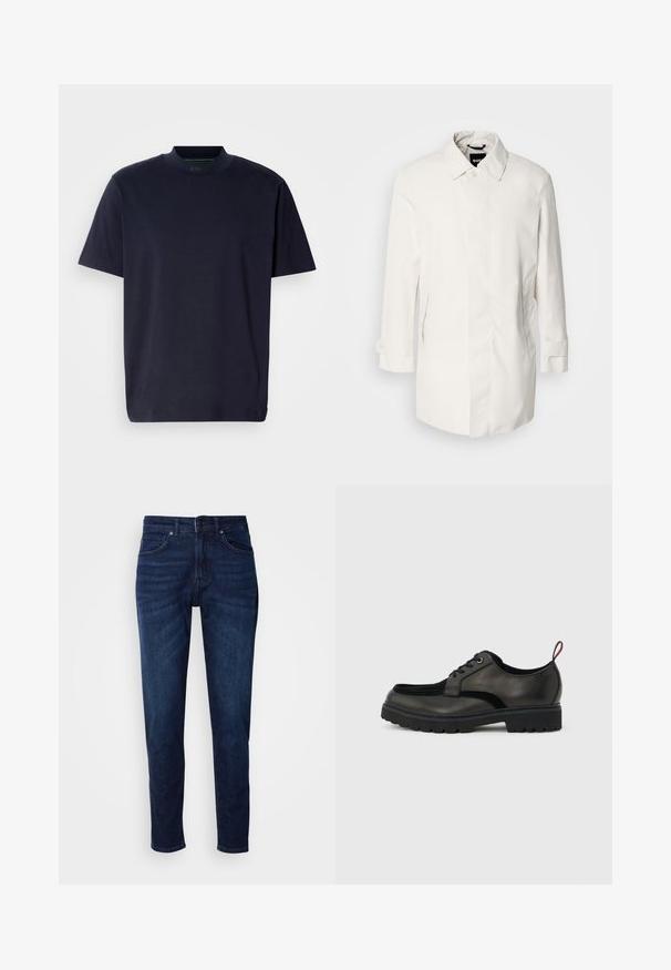 Weißer, mittellanger Mantel mit Knopfverschluss, spitzem Kragen und zwei Seitentaschen. Hergestellt aus glattem, leichtem Material mit umgeschlagenen Bündchen.; Marineblaues T-Shirt mit hohem Ausschnitt und kurzen Ärmeln. Hergestellt aus weichem Stoff, mit einem schlichten Design ohne Muster oder Verzierungen.; Dunkelblaue Jeans aus Denim mit geradem Bein, ausgestattet mit Taschen und einem Knopfverschluss an der Taille. Weiche Textur, minimale Ausbleichungen.; Schwarzer Leder-Schnürschuh mit dicker, profillierter Sohle und rotem Fersenzuglasche, seitlich auf einem hellgrauen Hintergrund dargestellt.