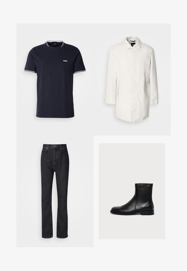 Hvid, mellemlang frakke med knaplukning, spidse kraver og to sidelommer. Fremstillet af glat, let materiale med opretstående manchetter.; Navyn blå bomulds t-shirt med rund hals, der har hvide stribede detaljer på kraven og ærmerne samt et lille hvidt logo på brystet.; Høj talje sorte denim jeans med knap- og lynlåsåbning, for- og baglommer samt lige ben.; Sort glat læderankelstøvle med lav hæl og sidelukning med lynlås, mærket Hugo nær den øverste kant.