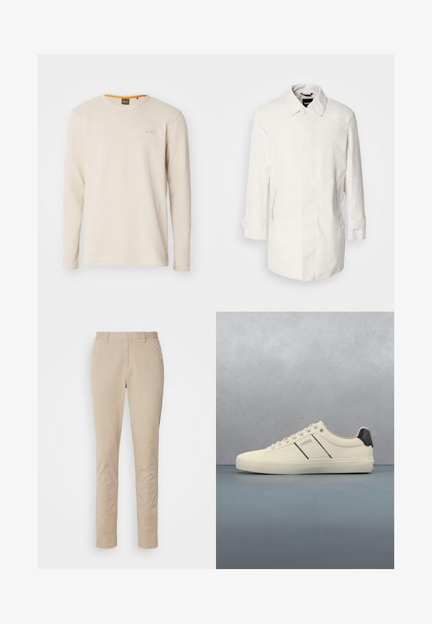 Hvid, mellemlang frakke med knaplukning, spidse kraver og to sidelommer. Fremstillet af glat, let materiale med opretstående manchetter.; Lys beige langærmet t-shirt lavet af struktureret stof. Har en rund hals og et lille logo på brystet med en orange detalje indeni kraven.; Beige bomuldsbukser med lige ben, der har lynlåsgylpter, sidelommer og diskrete syninger. Glat tekstur.; Cremefarvede sneakers med en glat tekstur, der har sorte accenter og branding. Klassisk snørebåndsdesign med rund tå og gummisål.