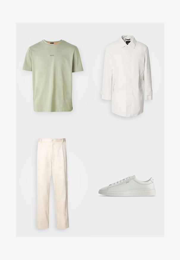 Manteau blanc de mi-longueur avec une fermeture à boutons, un col pointu et deux poches latérales. Fait d'un matériau lisse et léger avec des manches retroussées.; T-shirt à manches courtes olive en tissu doux, avec un col rond et un petit logo "BOSS" imprimé au centre.; Pantalon en coton beige avec une coupe droite, présentant une fermeture à bouton et des plis sur le devant pour plus de détails.; Baskets basses blanches en cuir avec lacets, semelle plate et petit logo doré "BOSS" sur le côté, vues de l'extérieur.