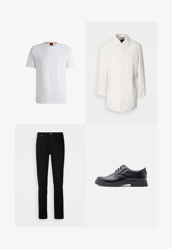 Abrigo blanco de longitud media con cierre de botón, cuello tipo punta y dos bolsillos laterales. Hecho de un material suave y ligero con puños enrollados.; Camiseta de algodón blanca con mangas cortas y cuello redondo. Presenta un sutil parche de logo en el frente y un acento naranja en el cuello.; Vaqueros negros de corte recto con cierre frontal de botón y cremallera, bolsillos delanteros y traseros, mostrados sobre un fondo claro y liso.; Zapatos de piel negra con cordones, textura lisa, puntera redondeada y detalles sutiles de costura. Cuentan con una lengüeta roja en el talón.
