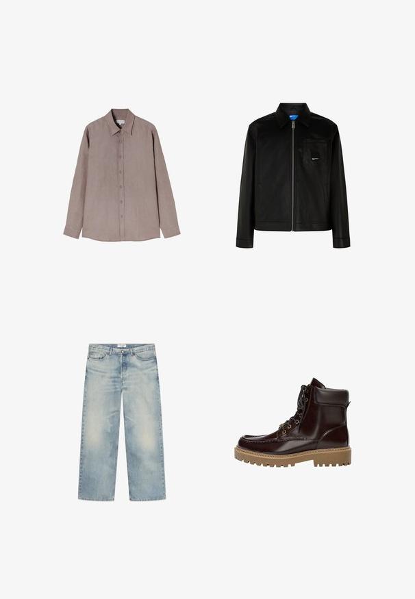 Veste en cuir noir avec un col, fermeture éclair à l'avant et une poche poitrine. Texture lisse avec des lignes épurées et un matériel minimal.; Chemise à manches longues dans une teinte brune douce, faite d'un tissu texturé. Dotée d'un col et d'une fermeture à boutons sur le devant avec des boutons gris.; Jeans en denim bleu clair à jambes larges avec des sections décolorées, un design à cinq poches et une braguette à boutons. L'étiquette supérieure affiche le nom de la marque.; Bottine en cuir marron foncé avec col rembourré, lacets à l’avant, couture moc toe et semelle épaisse à crampons marron clair.