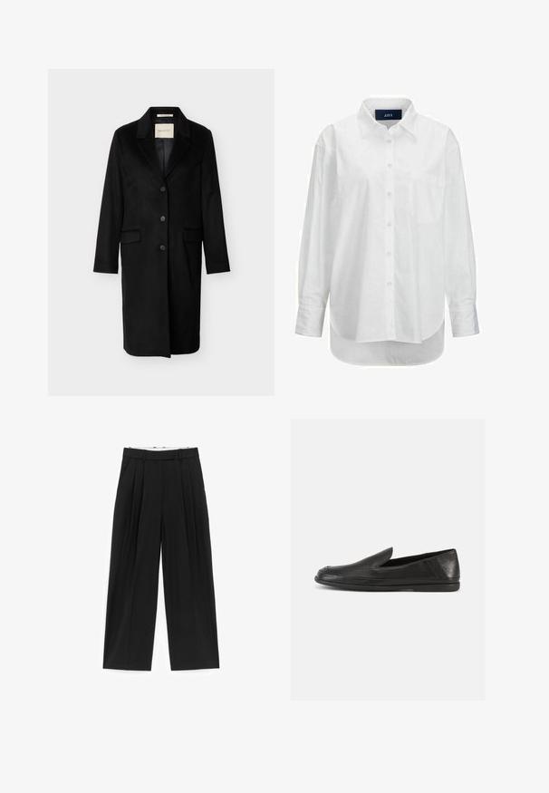 Manteau en laine noir mi-long avec revers crantés, trois boutons sur le devant, poches à rabat et manches longues.; Chemise blanche à manches longues en coton doux avec un col boutonné, une poche à l'avant et un ourlet arrondi. Présente un empiècement au dos pour plus de structure.; Pantalon noir à jambes larges avec plis sur le devant, passants pour ceinture et poches latérales, conçu pour une coupe ajustée.; Chaussures en cuir noir à enfiler, avec une finition lisse, un bout arrondi et un design minimaliste. Elles possèdent une semelle basse en caoutchouc flexible.