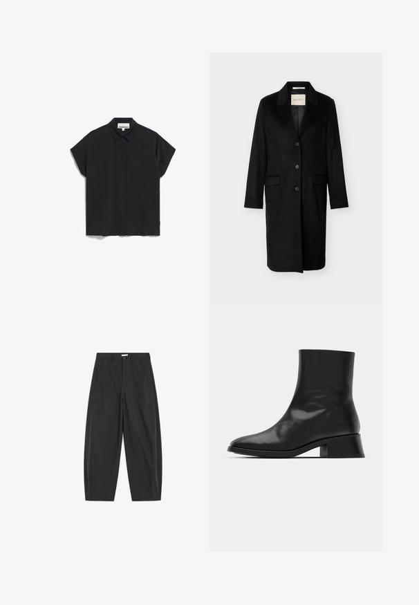 Zwarte wollen jas van middellange lengte met inkeping revers, drie knopen aan de voorkant, klepzakken en lange mouwen.; Zwarte korte mouwen shirt met een kraag, met een schoon, minimalistischer ontwerp en een gladde stoftextuur, knoopsluiting aan de voorkant en geen zichtbare patronen.; Zwarte broek met rechte pijpen, voorzien van knopen en ritssluiting aan de voorkant, zijzakken en riemlussen op de tailleband.; Zwarte enkelboot van glanzend leer, met een slank ontwerp, spitse neus en een gematigde blokhak voor stabiliteit.