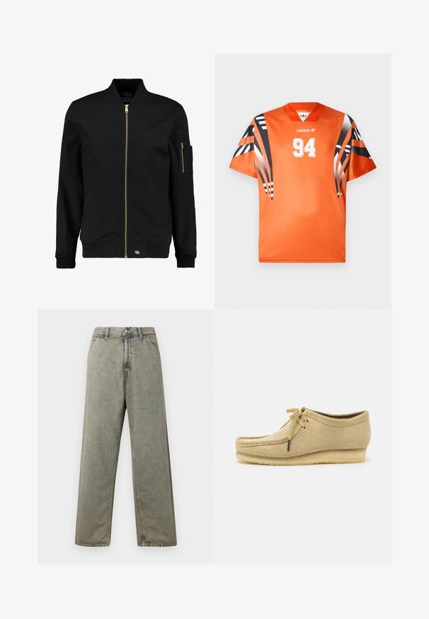 Sort bomberjakke med en guld lynlås, ribbet manchetter og en lomme på venstre ærme. Lavet af glat stof med en afslappet pasform.; Orange atletiktrøje med korte ærmer i sort og hvidt mønster. Har et hvidt "94" trykt på fronten og et Adidas-logo på brystet.; Blå denim bukser med vid ben i en falmet grå farve, med knaplukning og traditionelt fem-lomme design med synlige syninger.; Beige suedestøvle med snørebåndsdesign, syede detaljer og gummisål. Formen er afslappet med en let hæl.