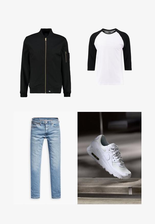 Schwarze Bomberjacke mit goldenen Reißverschluss, gerippten Bündchen und einer aufgesetzten Tasche am linken Ärmel. Aus glattem Stoff gefertigt und mit lockerer Passform.; Weißes T-Shirt mit kurzen Ärmeln und schwarzen Raglanärmeln, aus Baumwolle, mit Rundhalsausschnitt und einer glatten Oberfläche.; Helle blaue Jeans, gerade geschnitten, mit fünf Taschen, Reißverschluss und Knopfverschluss. Glatte Textur mit dezenten Ausbleichungen.; Weiße Nike Air Max 90 Sneaker mit einem Obermaterial aus Mesh und Leder, durchlässigem Zehenbereich und einer sichtbaren Air-Einheit in der Ferse.