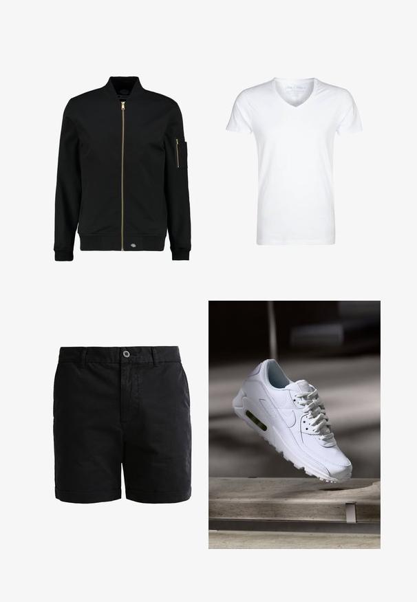 Veste bombardier noire avec une fermeture éclair dorée, des poignets côtelés et une poche en patch sur la manche gauche. Fabriquée en tissu lisse, elle présente une coupe décontractée.; T-shirt blanc à col en V fabriqué en coton doux. Manches courtes, coupe décontractée et peu de coutures. Pas de motifs ni de graphiques.; Shorts en coton noir avec une texture lisse, fermeture à bouton et ourlets retournés. Comprend des passants de ceinture et des poches avant pour plus de praticité.; Baskets blanches en cuir avec des surfaces texturées, un col rembourré et un amorti d'air visible dans la semelle. Elles possèdent des lacets et un design minimaliste.